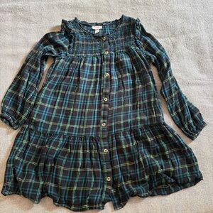 Cat & Jack Navy, Teal & Gold Plaid Button-Front Dress 10/12